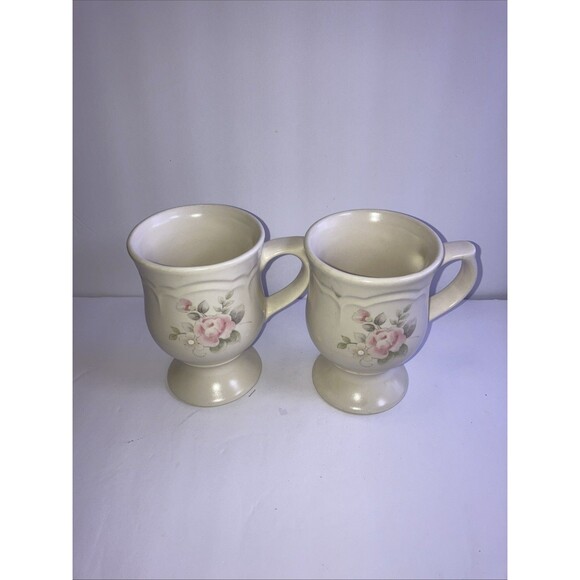 Set of 2 Vintage Pfaltzgraff Footed Pedestal 7” Coffee Mugs Tea Rose Cottagecore - Picture 2 of 6